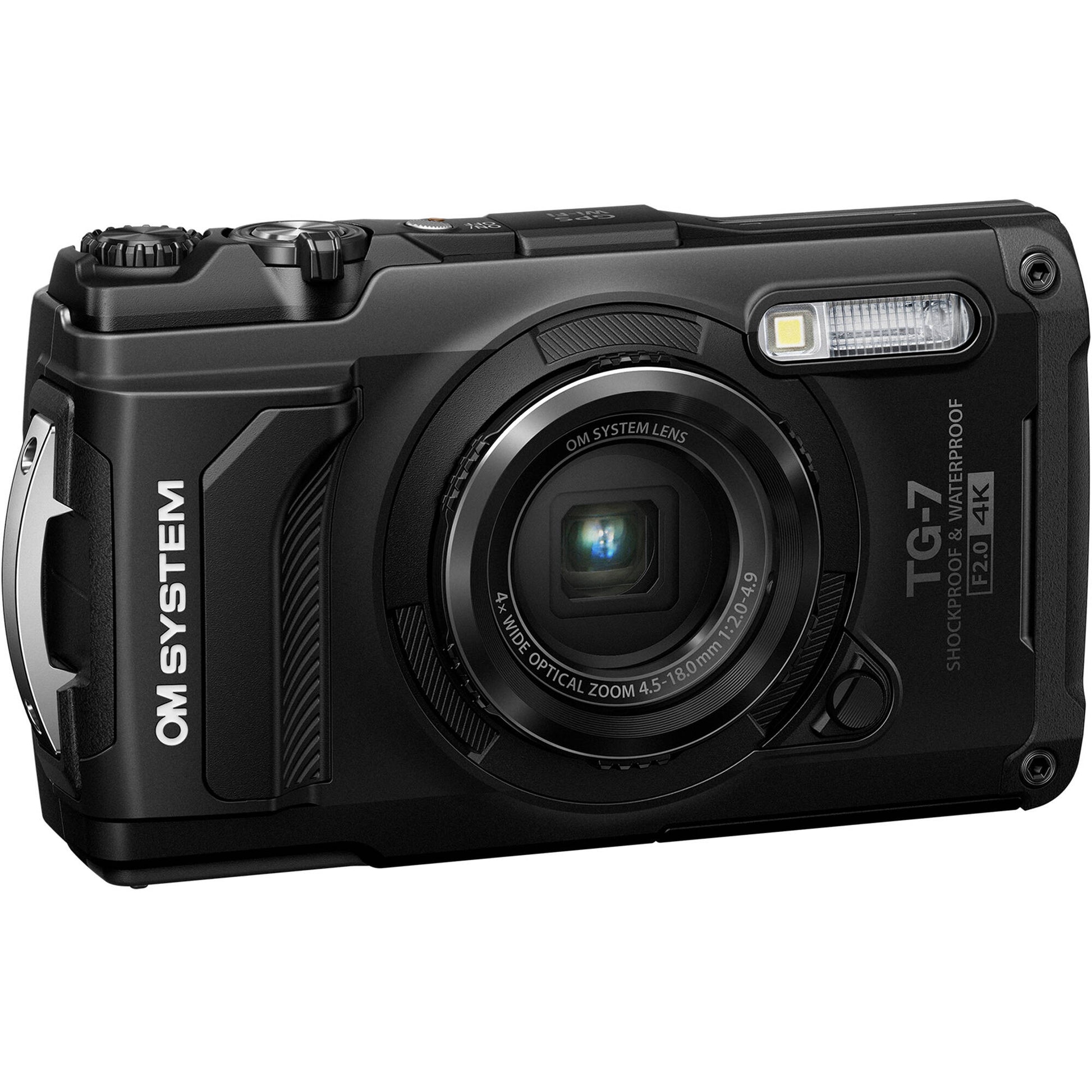 Olympus Tough TG‑7 rugged compact camera, featuring a rubberised weatherproof body, built-in lens cover, and durable design that's waterproof, shockproof, freeze-proof, and crush-proof for outdoor adventures.
