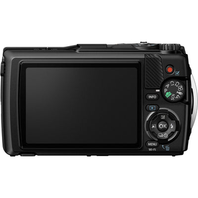 Olympus Tough TG‑7 rugged compact camera, featuring a rubberised weatherproof body, built-in lens cover, and durable design that's waterproof, shockproof, freeze-proof, and crush-proof for outdoor adventures.
