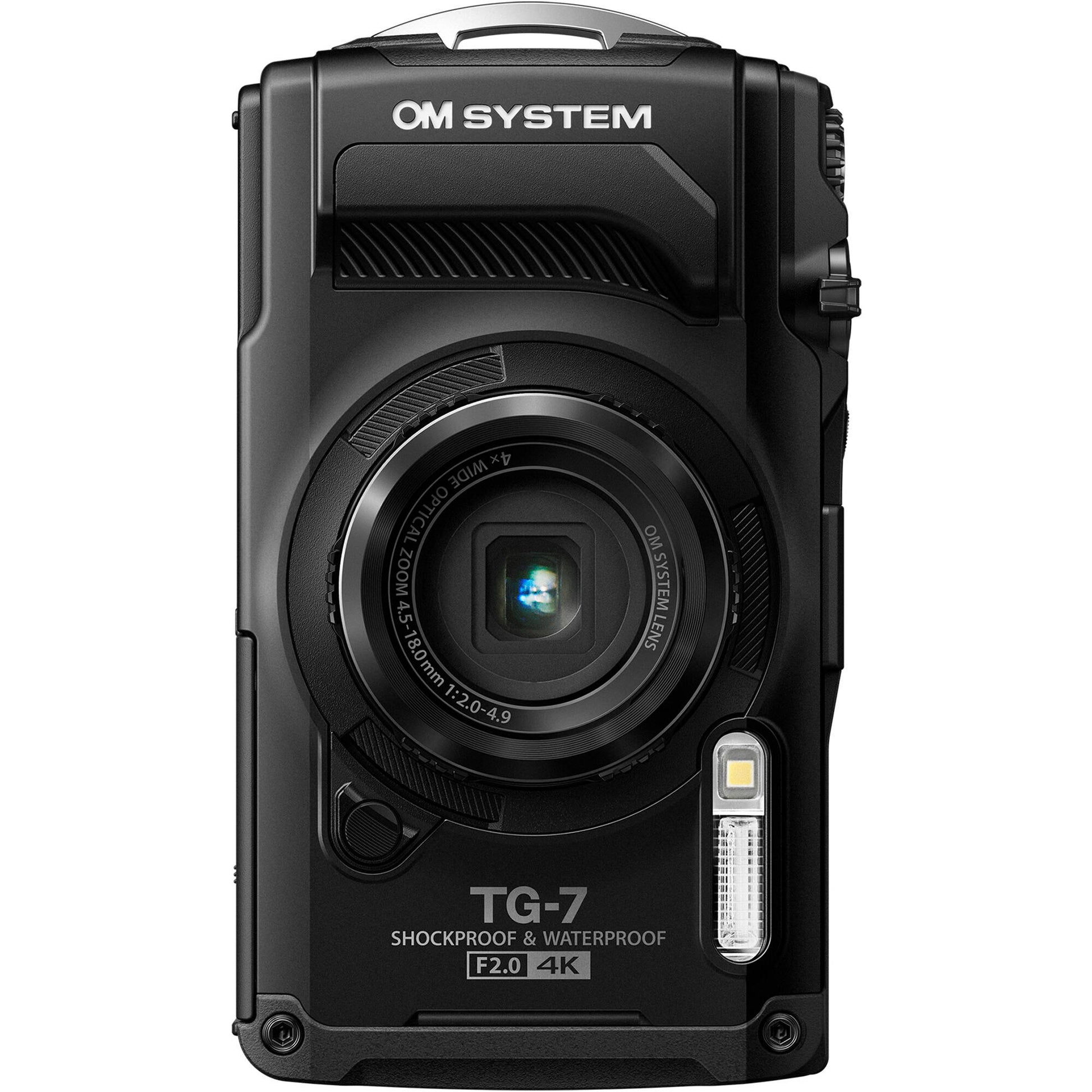 Olympus Tough TG‑7 rugged compact camera, featuring a rubberised weatherproof body, built-in lens cover, and durable design that's waterproof, shockproof, freeze-proof, and crush-proof for outdoor adventures.
