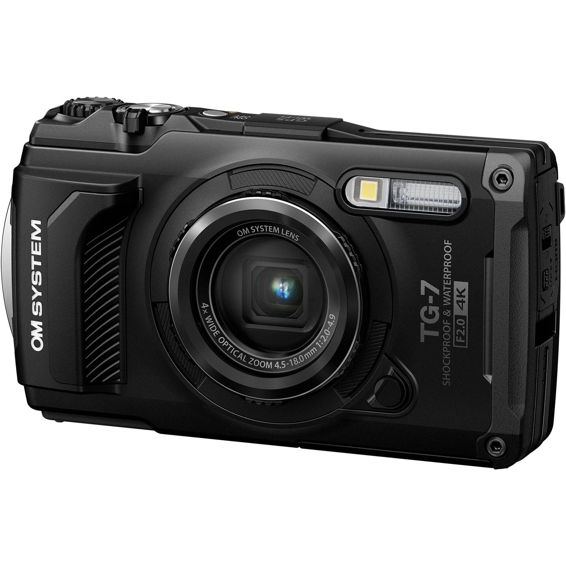 Olympus Tough TG‑7 rugged compact camera, featuring a rubberised weatherproof body, built-in lens cover, and durable design that's waterproof, shockproof, freeze-proof, and crush-proof for outdoor adventures.
