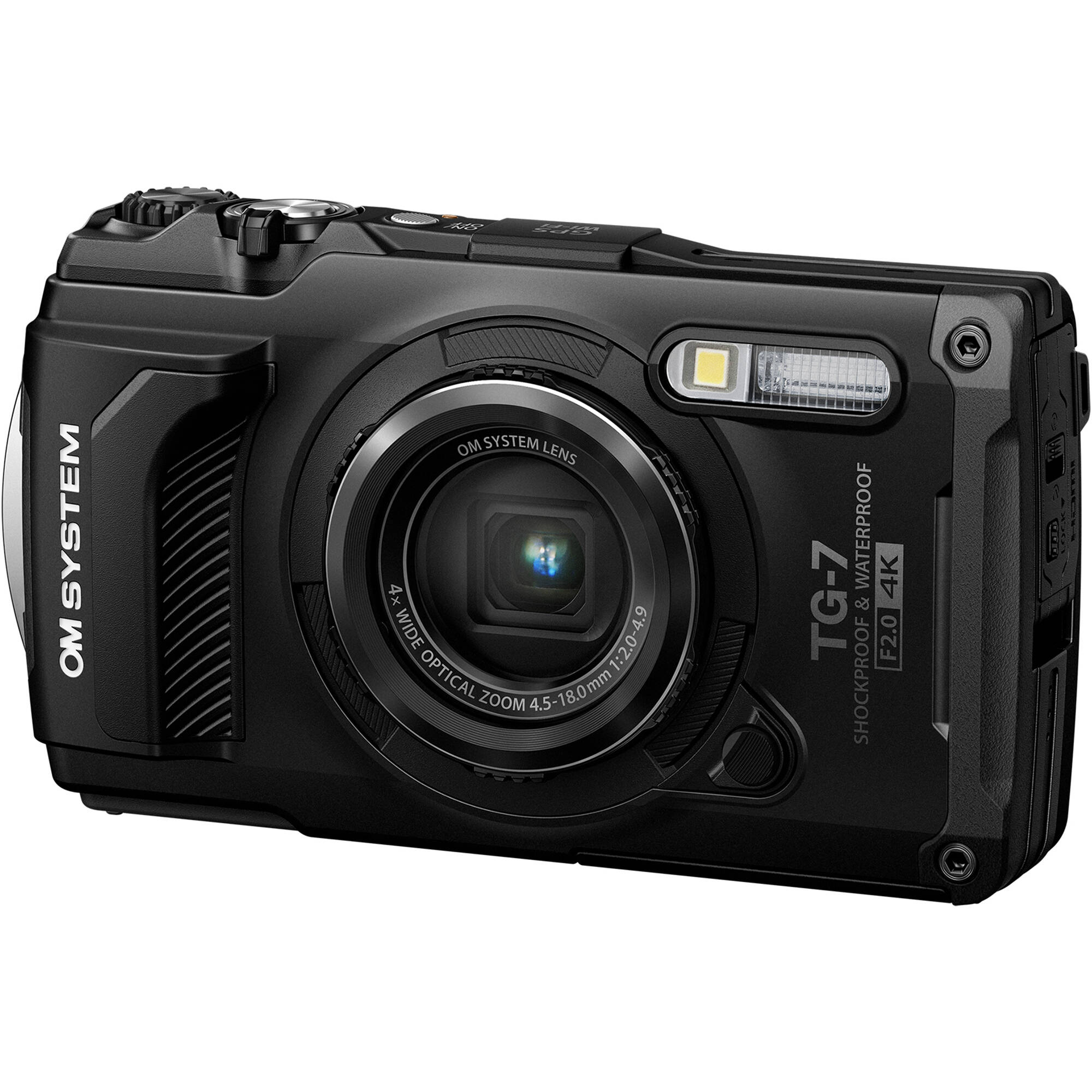 Olympus Tough TG‑7 rugged compact camera, featuring a rubberised weatherproof body, built-in lens cover, and durable design that's waterproof, shockproof, freeze-proof, and crush-proof for outdoor adventures.
