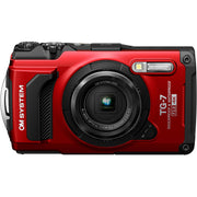Olympus Tough TG‑7 rugged compact camera in red, featuring a rubberised weatherproof body, built-in lens cover, and durable design that's waterproof, shockproof, freeze-proof, and crush-proof for outdoor adventures.
