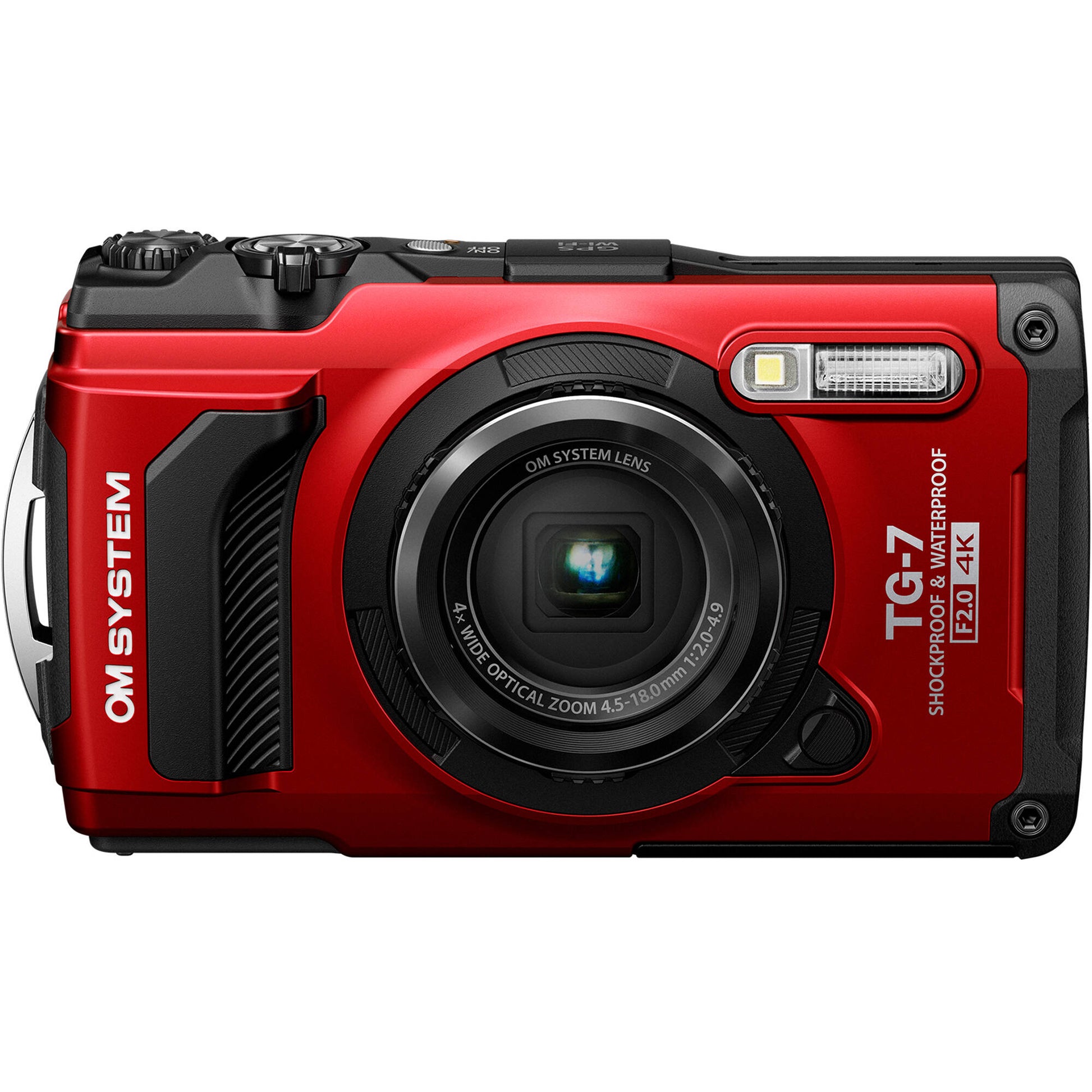 Olympus Tough TG‑7 rugged compact camera in red, featuring a rubberised weatherproof body, built-in lens cover, and durable design that's waterproof, shockproof, freeze-proof, and crush-proof for outdoor adventures.
