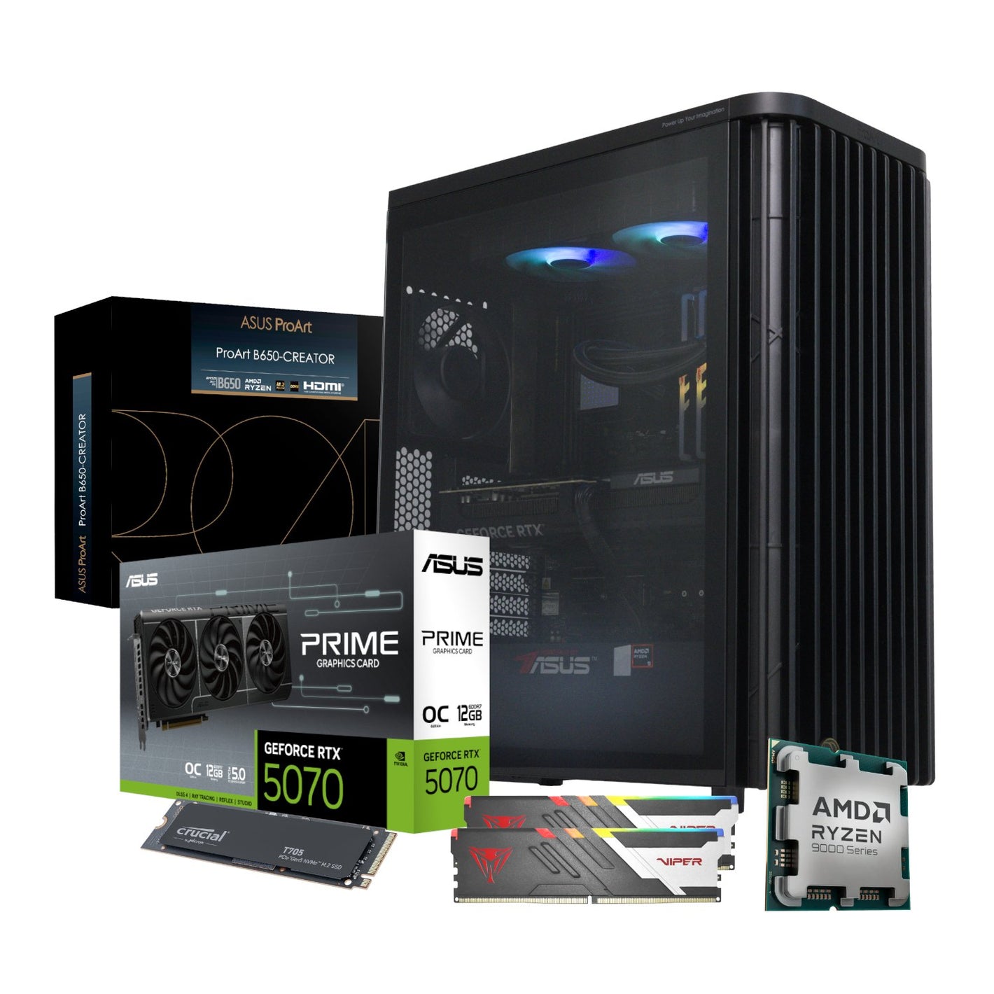 Power your creativity with the ASUS Ryzen 9 9900X MICHELANGELO Creator PC. With 12-core Ryzen CPU, RTX 5070 GPU, 32GB DDR5 RAM, and Windows 11.