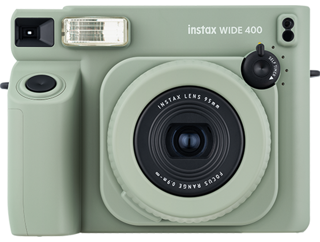 FUJIFILM Instax Wide 400 instant film camera featuring automatic exposure, self-timer, and a stylish retro design for wide-format instant photos.