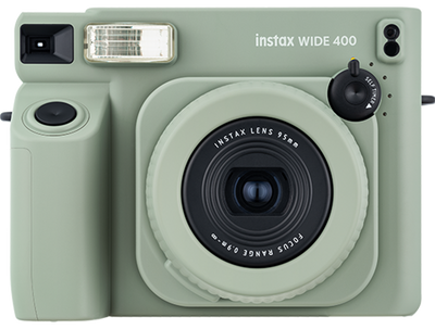 FUJIFILM Instax Wide 400 instant film camera featuring automatic exposure, self-timer, and a stylish retro design for wide-format instant photos.