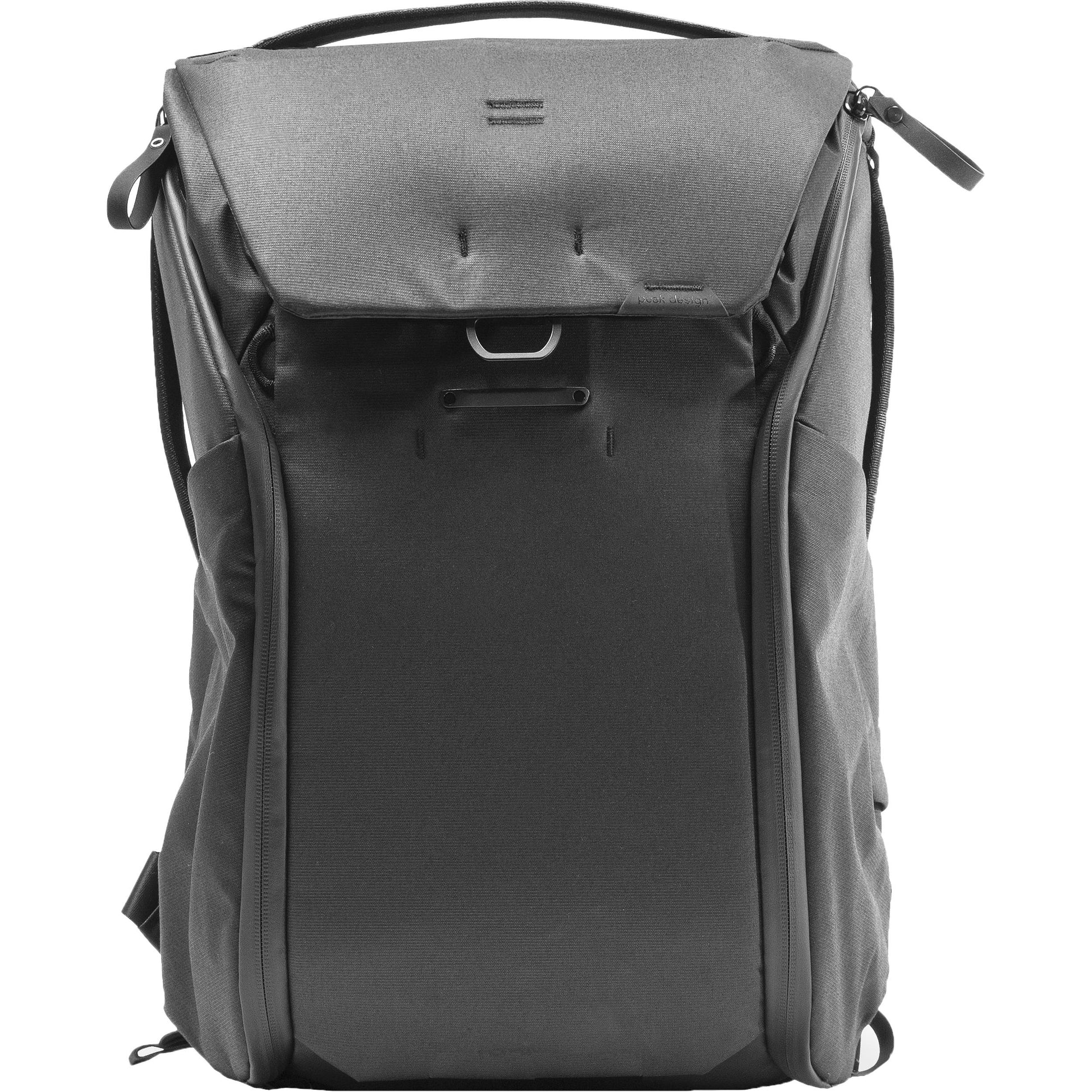 Peak Design 30L Everyday Backpack in Charcoal with top access side pockets and padded straps.