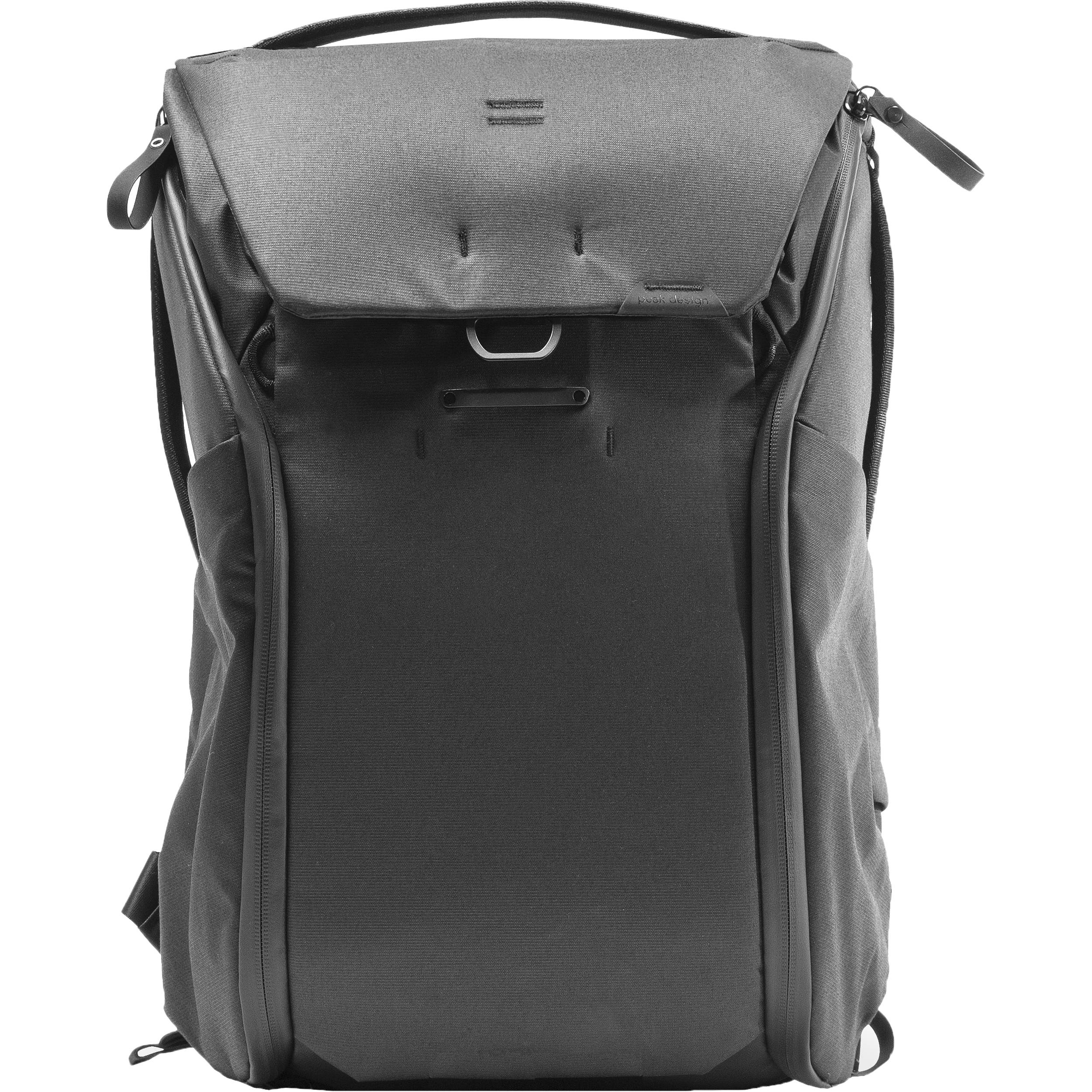 Peak Design 30L Everyday Backpack in Charcoal with top access side pockets and padded straps.