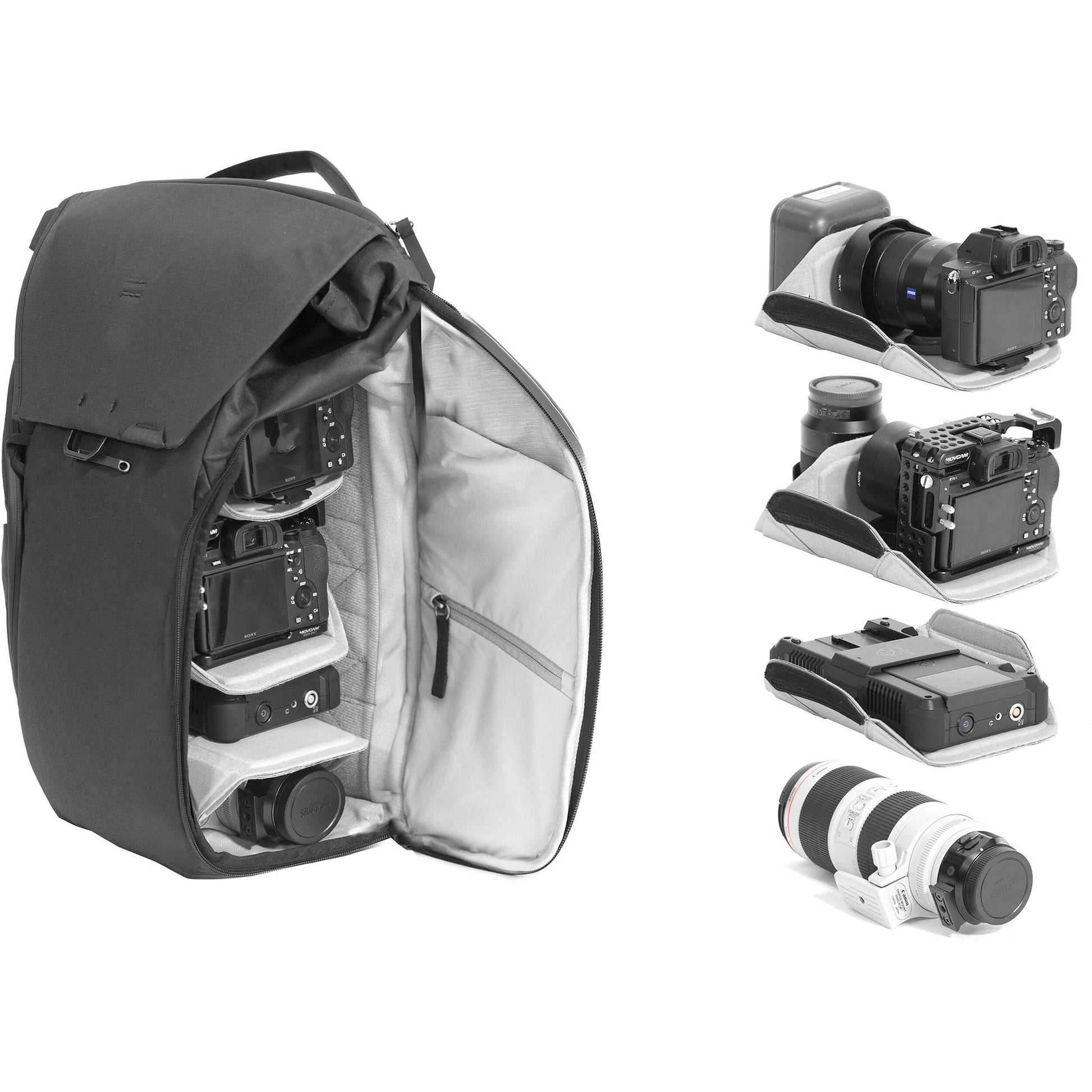 Peak Design 30L Everyday Backpack in Charcoal with top access side pockets and padded straps.