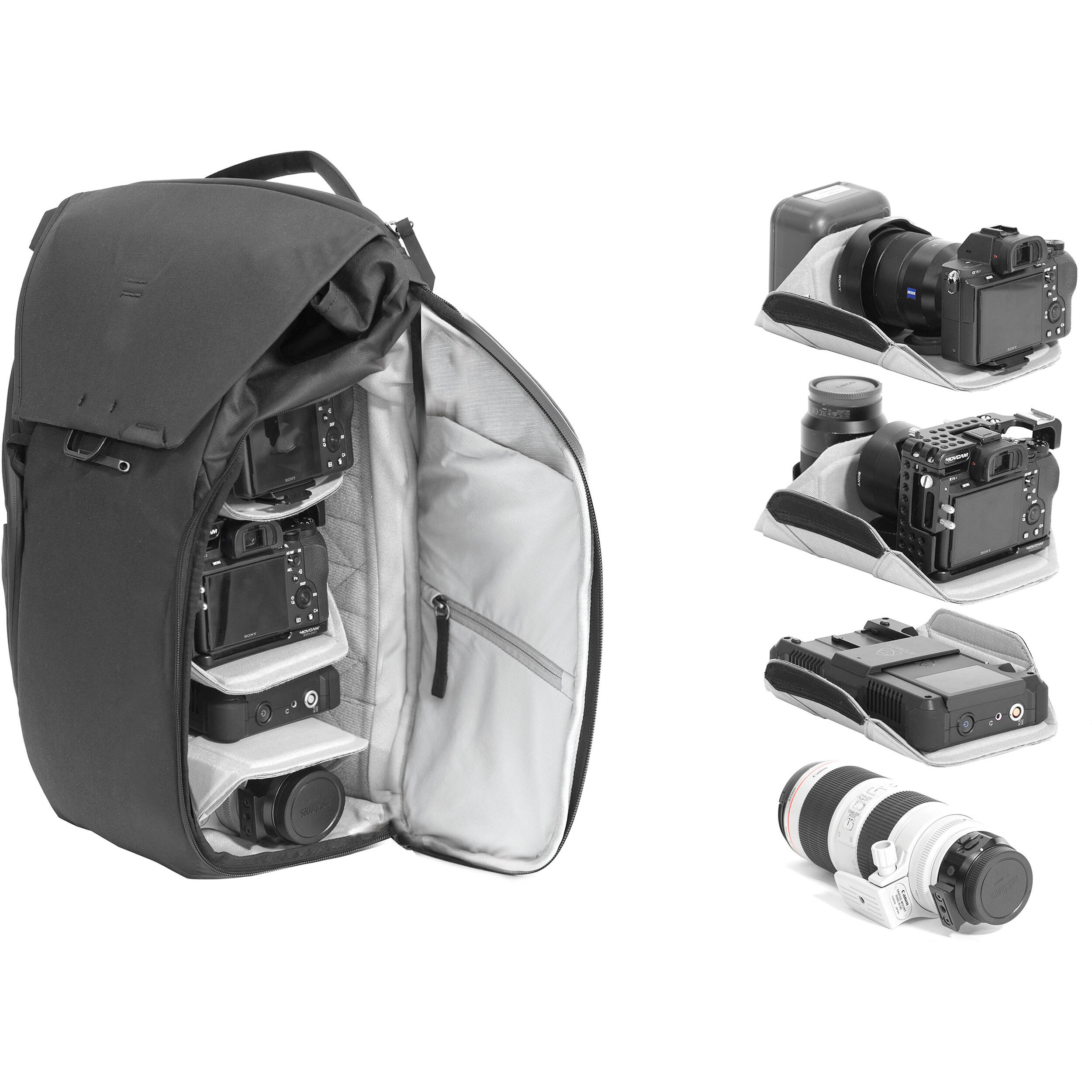 Peak Design 30L Everyday Backpack in Charcoal with top access side pockets and padded straps.