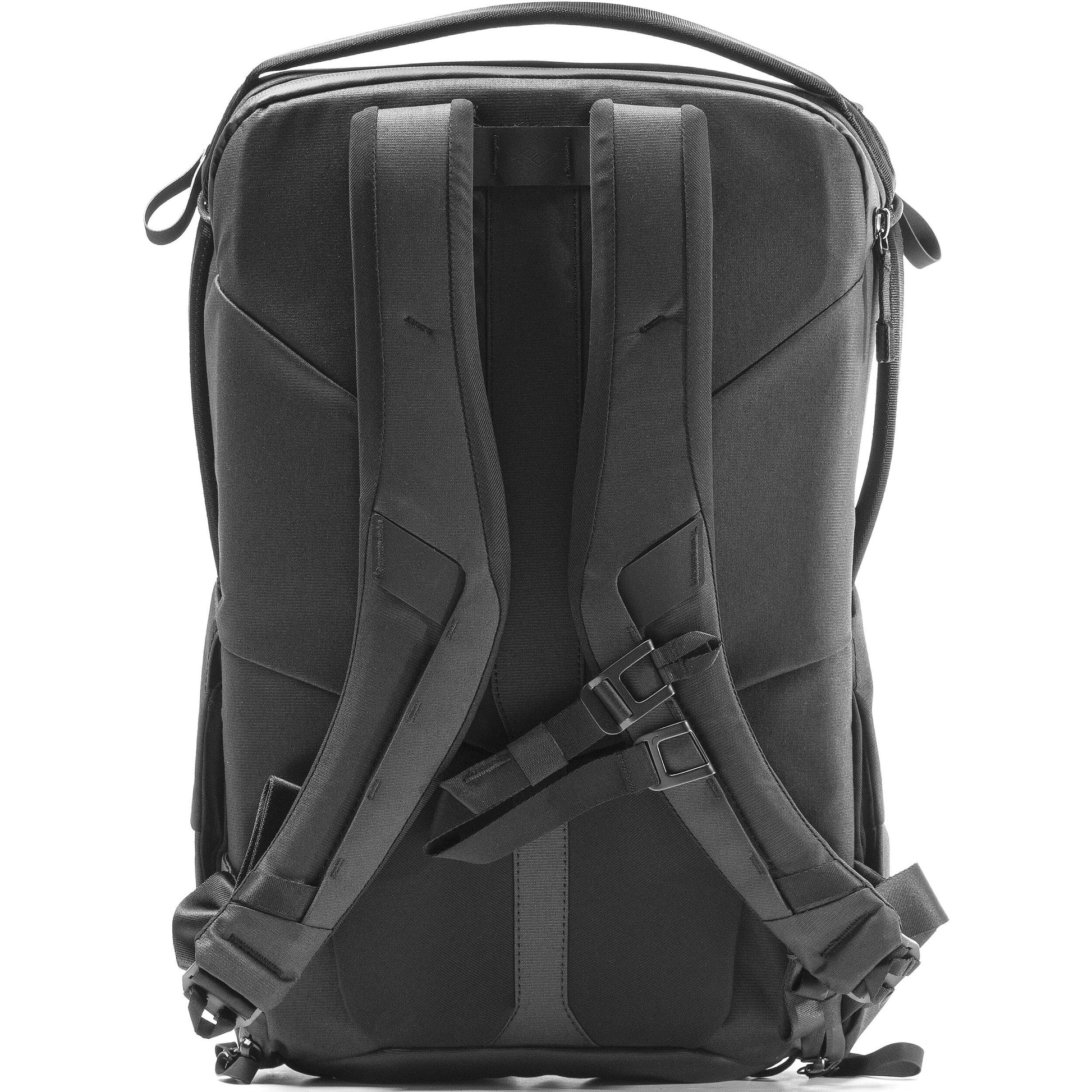 Peak Design 30L Everyday Backpack in Charcoal with top access side pockets and padded straps.