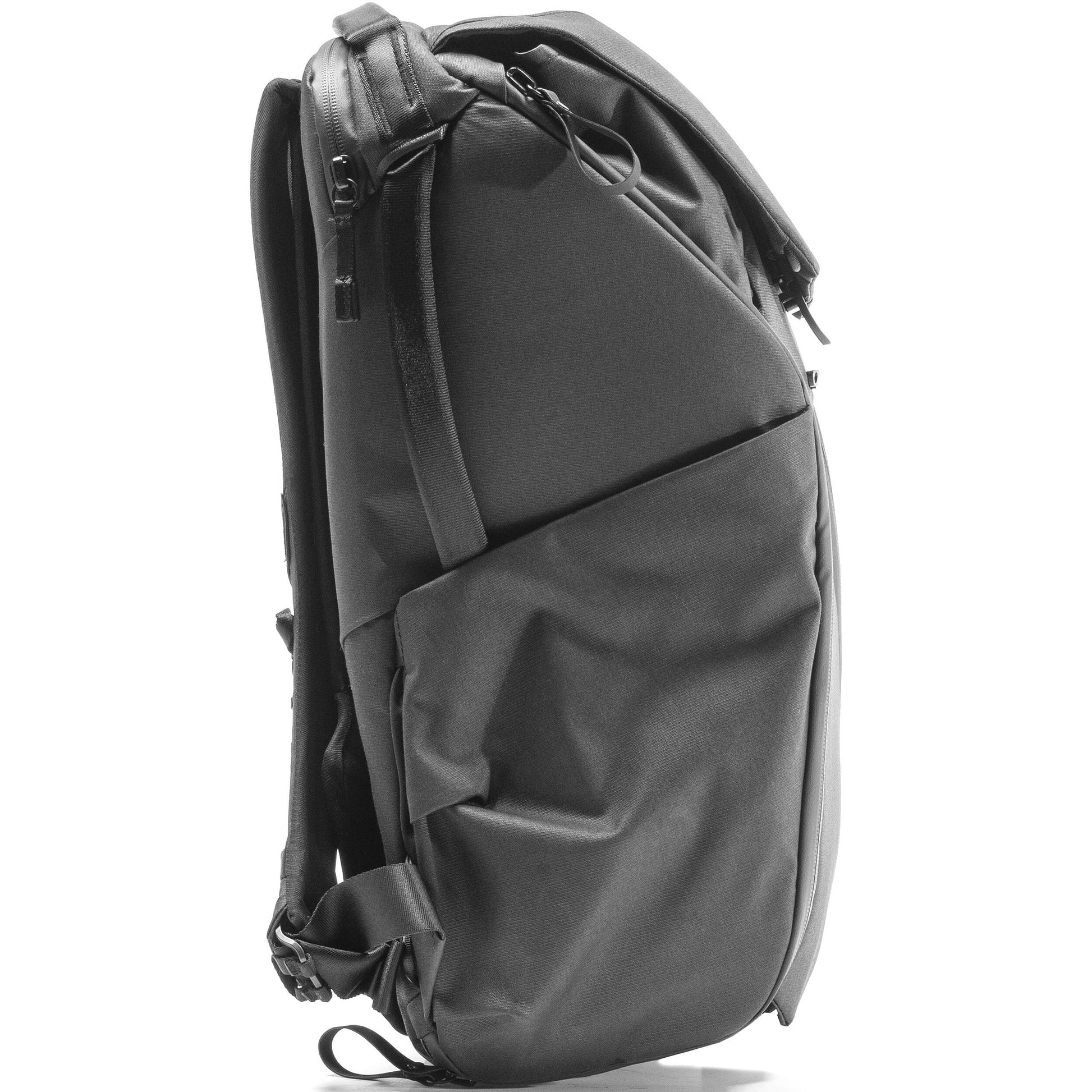 Peak Design 30L Everyday Backpack in Charcoal with top access side pockets and padded straps.