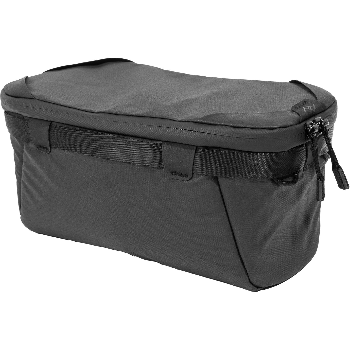 Black handheld Peak Design Camera Cube V2 with adjustable dividers, zipper closure, and durable nylon exterior, perfect for carrying camera gear safely.
