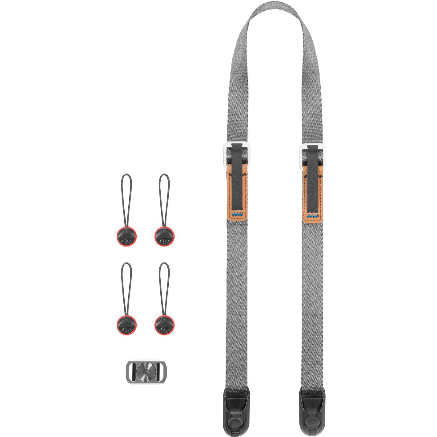 Peak Design Leash camera strap in Ash color, adjustable length from 83 to 145 cm, slim nylon webbing with leather accents, quick-adjust aluminum sliders, quick-release anchors rated for 90 kg, versatile for neck, shoulder, or cross-body carry.