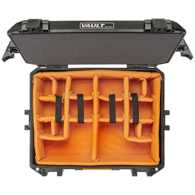 Pelican Vault 550 Case with padded dividers and gear.