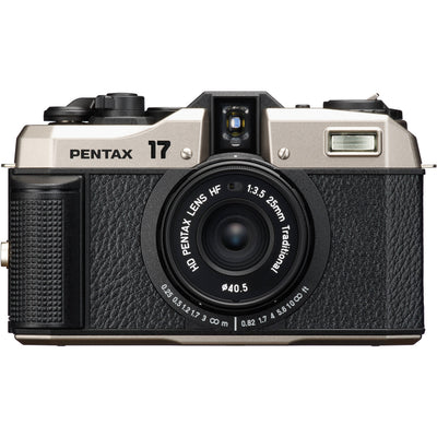 Pentax camera with black and silver design on a white background