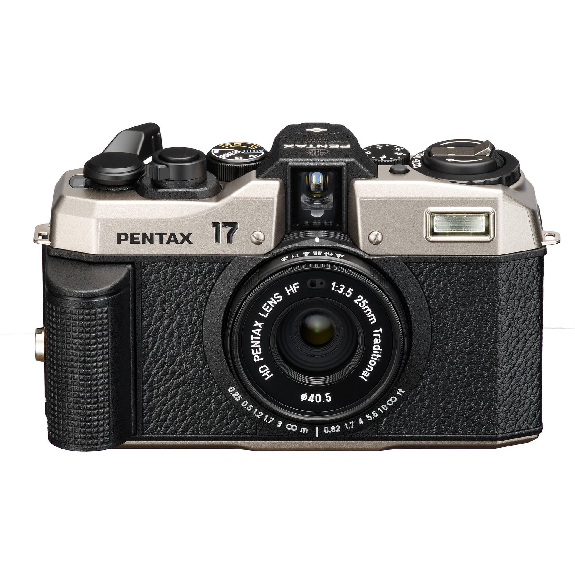 Pentax camera with black and silver design on a white background