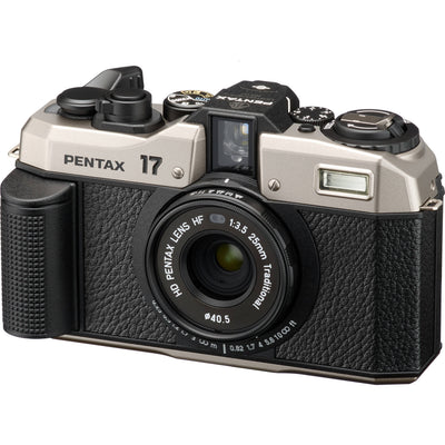 Pentax camera with black and silver design on a white background