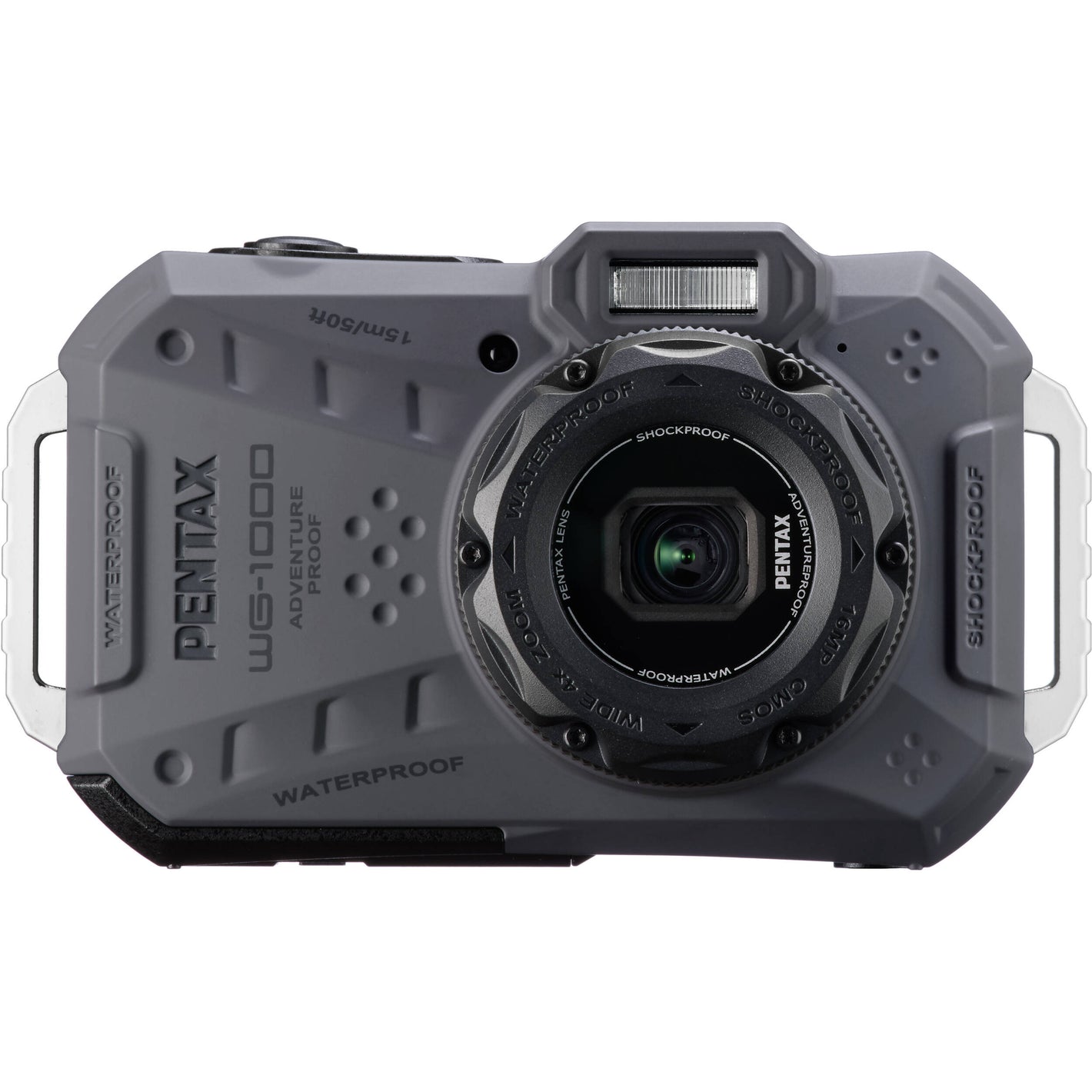 Pentax WG-1000 rugged compact camera in grey, waterproof to 15m, shockproof, with 16.35MP sensor and 4x optical zoom.