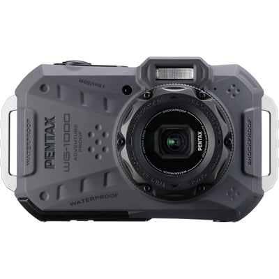Pentax WG-1000 rugged compact camera in grey, waterproof to 15m, shockproof, with 16.35MP sensor and 4x optical zoom.