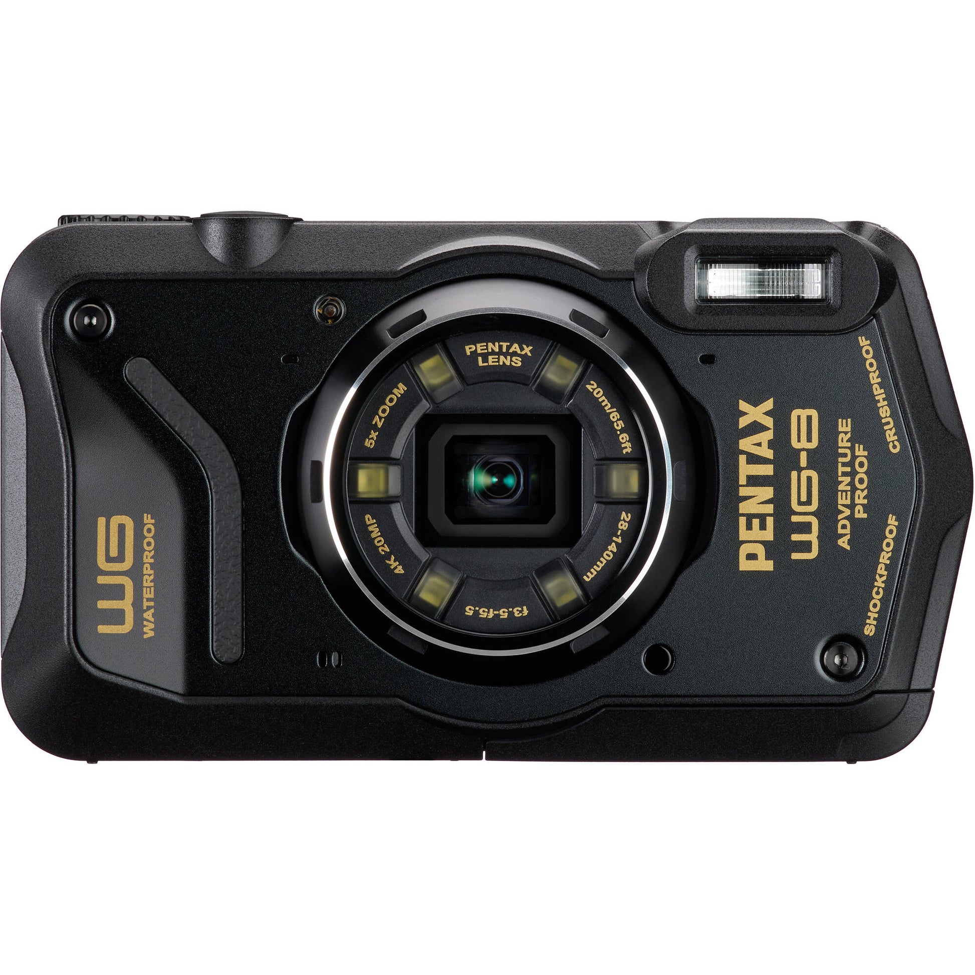 Pentax WG-8 rugged waterproof camera in black with 20MP sensor, 5x optical zoom, 4K video, and durable build for outdoor use.