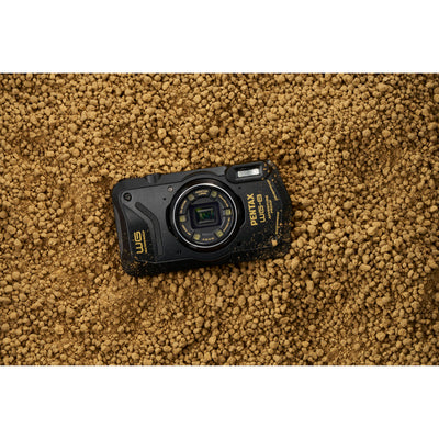 Pentax WG-8 rugged waterproof camera in black with 20MP sensor, 5x optical zoom, 4K video, and durable build for outdoor use.