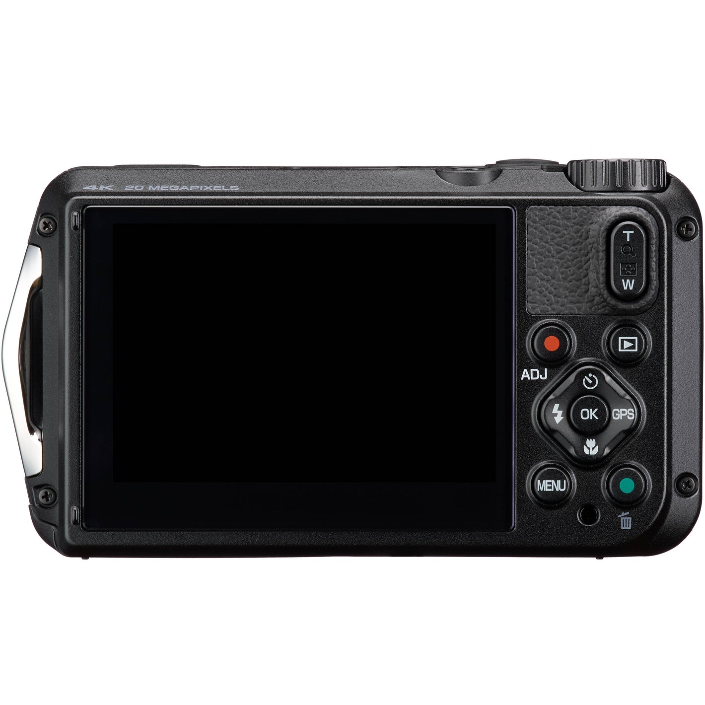 Pentax WG-8 rugged waterproof camera in black with 20MP sensor, 5x optical zoom, 4K video, and durable build for outdoor use.