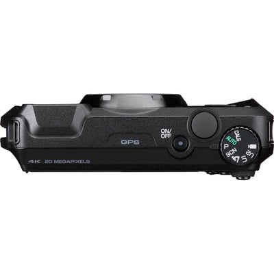 Pentax WG-8 rugged waterproof camera in black with 20MP sensor, 5x optical zoom, 4K video, and durable build for outdoor use.