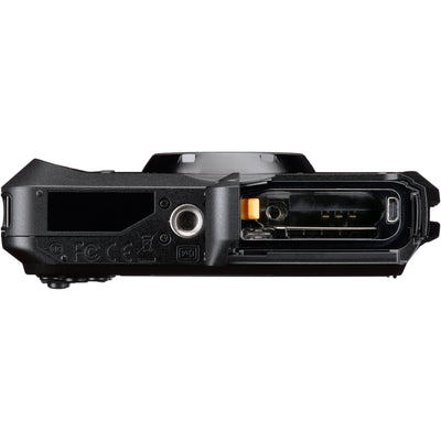 Pentax WG-8 rugged waterproof camera in black with 20MP sensor, 5x optical zoom, 4K video, and durable build for outdoor use.