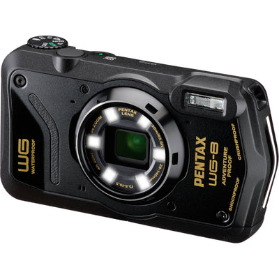 Pentax WG-8 rugged waterproof camera in black with 20MP sensor, 5x optical zoom, 4K video, and durable build for outdoor use.