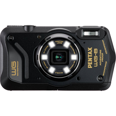 Pentax WG-8 rugged waterproof camera in black with 20MP sensor, 5x optical zoom, 4K video, and durable build for outdoor use.