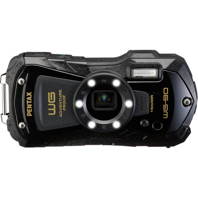 Pentax WG-90 rugged waterproof camera in black with 16MP BSI CMOS sensor, 5x optical zoom, 1cm macro mode, and 2.7-inch AR-coated LCD.