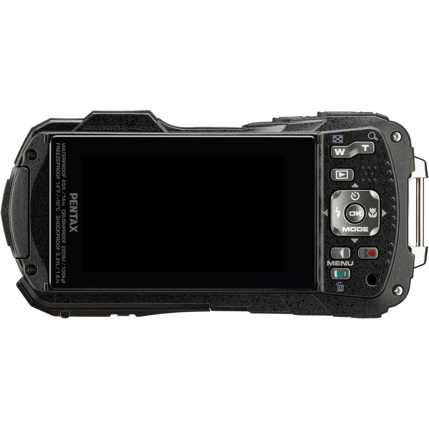 Pentax WG-90 rugged waterproof camera in black with 16MP BSI CMOS sensor, 5x optical zoom, 1cm macro mode, and 2.7-inch AR-coated LCD.