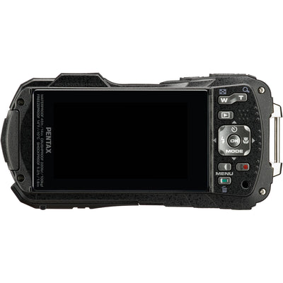 Pentax WG-90 rugged waterproof camera in black with 16MP BSI CMOS sensor, 5x optical zoom, 1cm macro mode, and 2.7-inch AR-coated LCD.