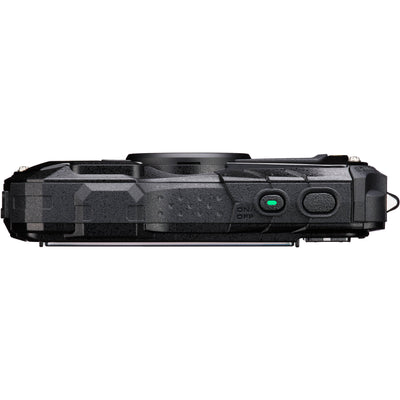 Pentax WG-90 rugged waterproof camera in black with 16MP BSI CMOS sensor, 5x optical zoom, 1cm macro mode, and 2.7-inch AR-coated LCD.