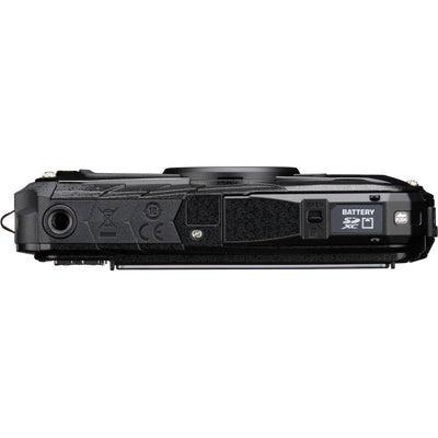 Pentax WG-90 rugged waterproof camera in black with 16MP BSI CMOS sensor, 5x optical zoom, 1cm macro mode, and 2.7-inch AR-coated LCD.