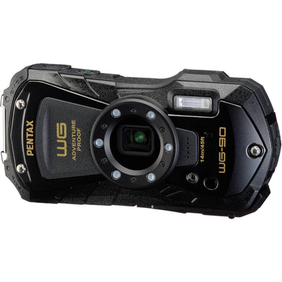 Pentax WG-90 rugged waterproof camera in black with 16MP BSI CMOS sensor, 5x optical zoom, 1cm macro mode, and 2.7-inch AR-coated LCD.