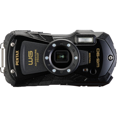Pentax WG-90 rugged waterproof camera in black with 16MP BSI CMOS sensor, 5x optical zoom, 1cm macro mode, and 2.7-inch AR-coated LCD.
