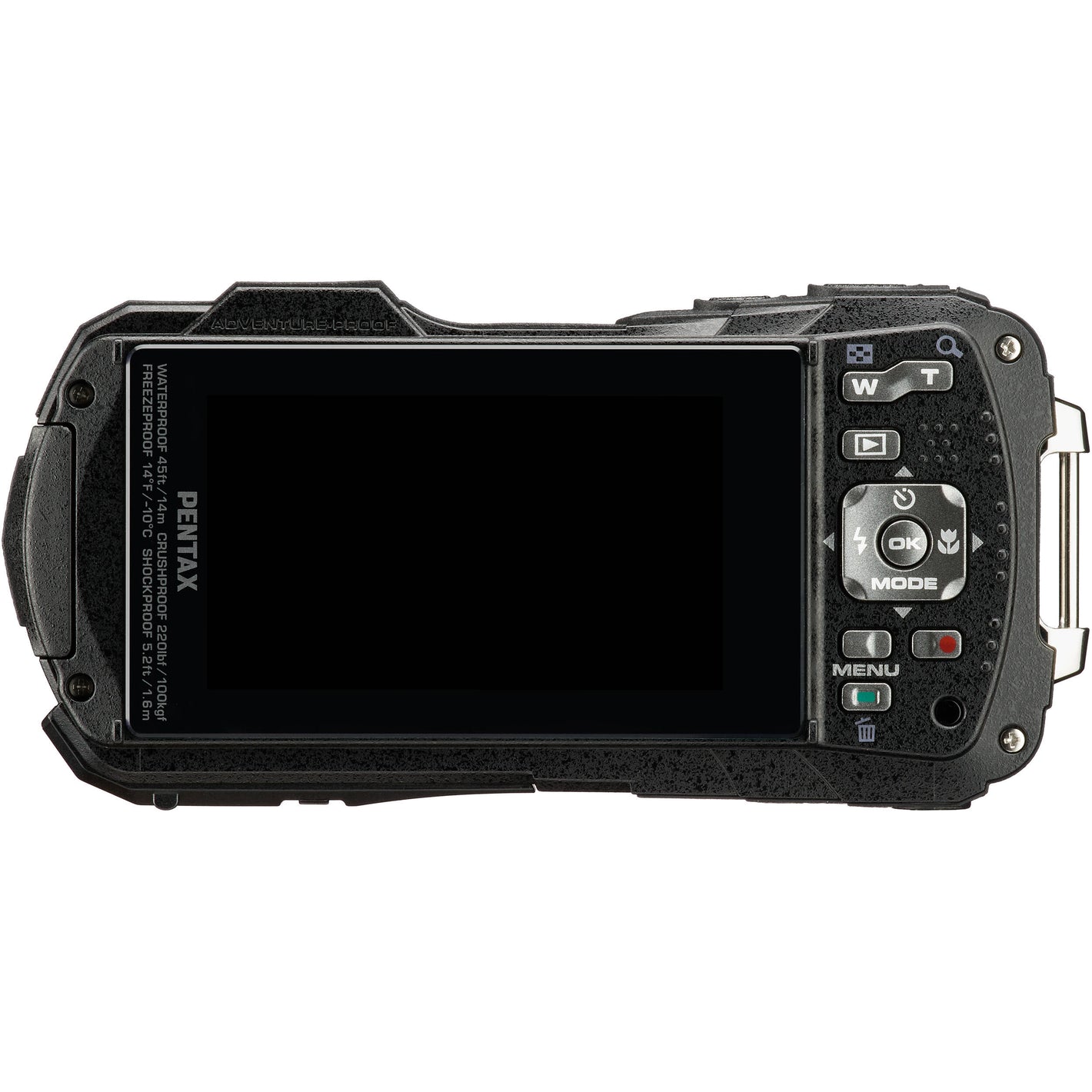 Pentax WG-90 rugged waterproof blue camera with 16MP sensor, 5x optical zoom, 1cm macro mode, and 2.7-inch AR-coated LCD.