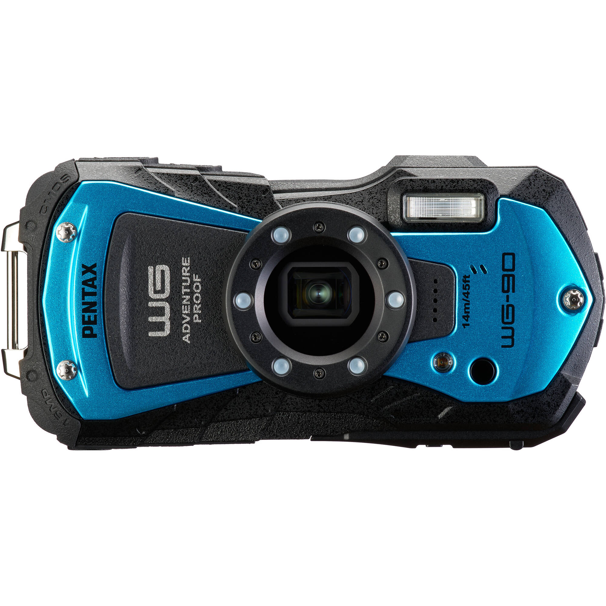 Pentax WG-90 rugged waterproof blue camera with 16MP sensor, 5x optical zoom, 1cm macro mode, and 2.7-inch AR-coated LCD.