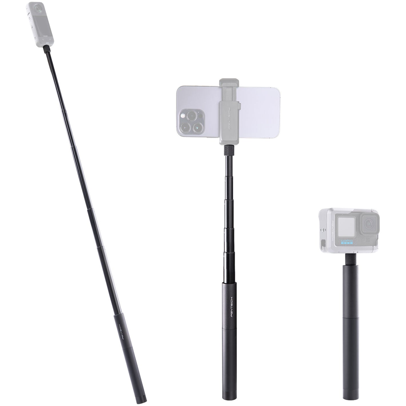 PGYTECH 96cm extendable selfie stick with lightweight aluminum alloy build, universal 1/4"-20 thread, 350g load capacity, and invisible design for Insta360 cameras.