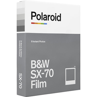 Polaroid Black & White SX-70 Instant Film pack with 8 exposures, ISO 160, 79mm x 79mm image area, classic white frame, featuring rich blacks and bright whites with glossy finish.