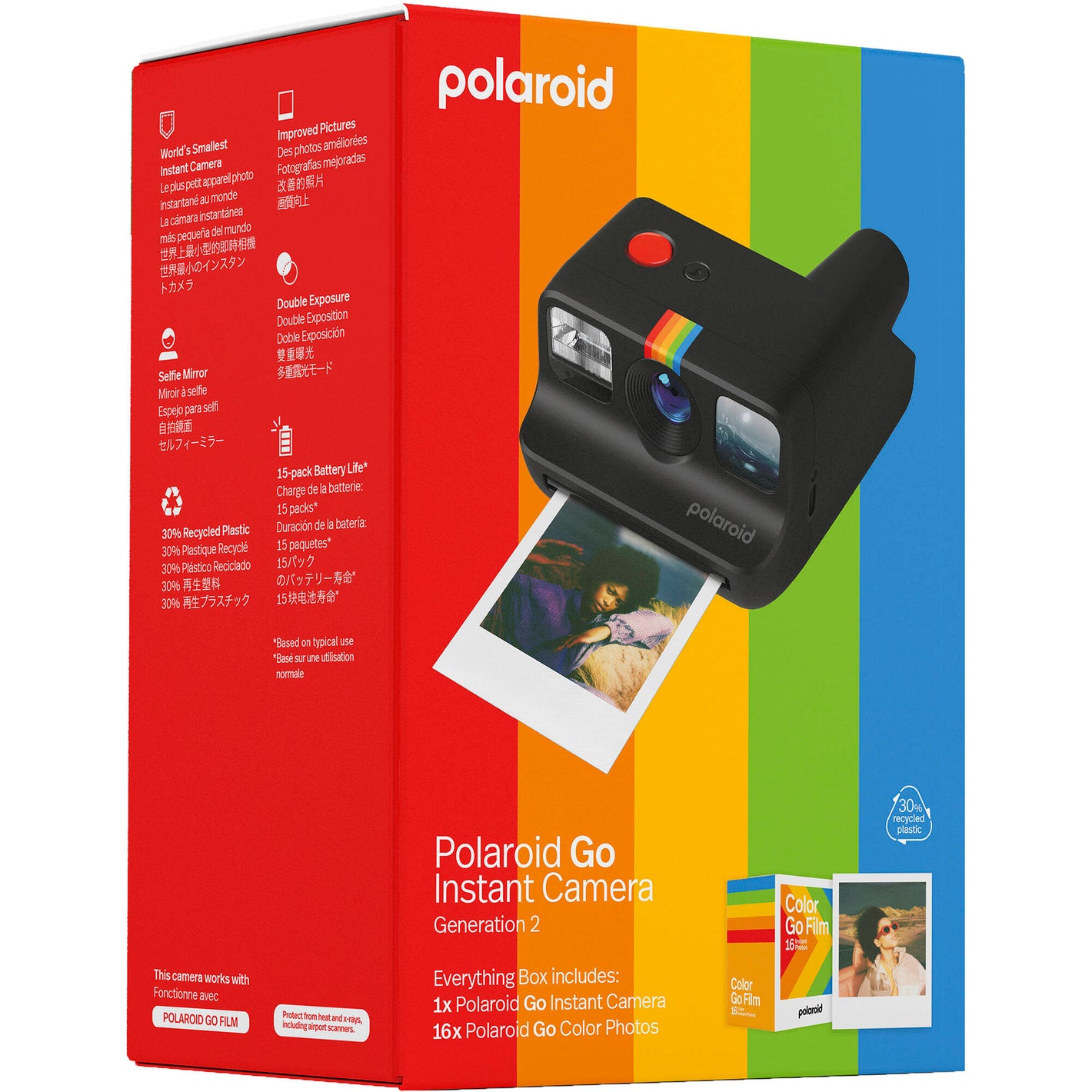 Polaroid Go Generation 2 Instant Film Camera Everything Box in black with retro design, larger aperture lens, self-timer, double exposure, selfie mirror, built-in flash, and rechargeable battery