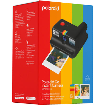 Polaroid Go Generation 2 Instant Film Camera Everything Box in black with retro design, larger aperture lens, self-timer, double exposure, selfie mirror, built-in flash, and rechargeable battery