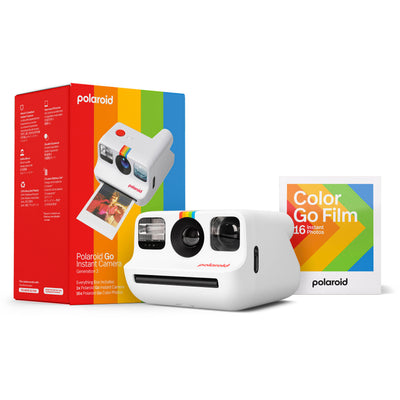Polaroid Go Generation 2 Instant Film Camera Everything Box in white with retro design, larger aperture lens, selfie mirror, self-timer, double exposure, built-in flash, and rechargeable battery.