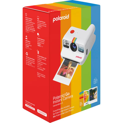 Polaroid Go Generation 2 Instant Film Camera Everything Box in white with retro design, larger aperture lens, selfie mirror, self-timer, double exposure, built-in flash, and rechargeable battery.