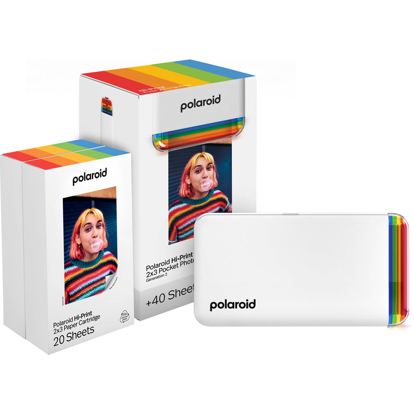 Polaroid Hi-Print 2x3 Pocket Photo Printer Gen 2 in white, Bluetooth-enabled with rechargeable lithium-ion battery, dye sublimation printing on 2.1 x 3.4 inch self-adhesive photo paper, compatible with iPhone and Android.
