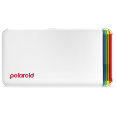 Polaroid Hi-Print 2x3 Pocket Photo Printer Gen 2 in white, Bluetooth-enabled with rechargeable lithium-ion battery, dye sublimation printing on 2.1 x 3.4 inch self-adhesive photo paper, compatible with iPhone and Android.