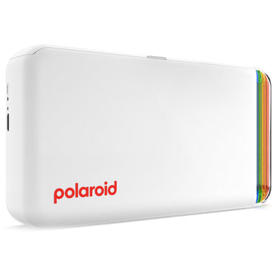 Polaroid Hi-Print 2x3 Pocket Photo Printer Gen 2 in white, Bluetooth-enabled with rechargeable lithium-ion battery, dye sublimation printing on 2.1 x 3.4 inch self-adhesive photo paper, compatible with iPhone and Android.