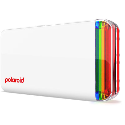 Polaroid Hi-Print 2x3 Pocket Photo Printer Gen 2 in white, Bluetooth-enabled with rechargeable lithium-ion battery, dye sublimation printing on 2.1 x 3.4 inch self-adhesive photo paper, compatible with iPhone and Android.
